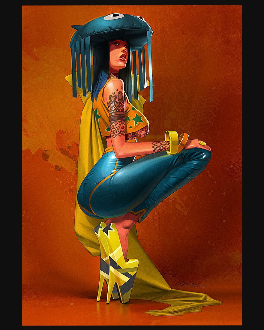Kaladenart's tweet photo. I started a serie of stylized characters. Two keywords, color and fun. #colorandshape #digitalart #DigitalArtist #digitalpainting #characterart #highheels https://t.co/cnQIY6S6cY