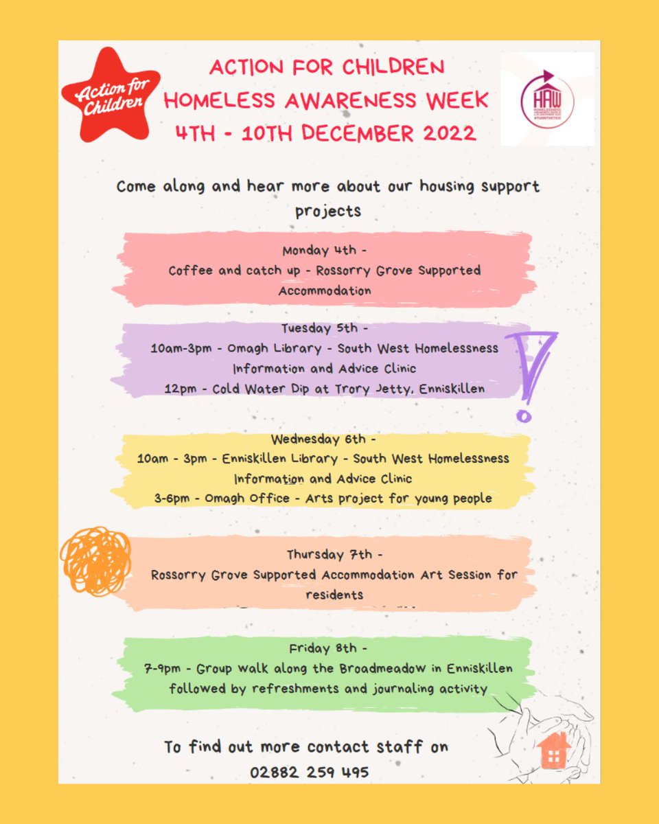 Actn4ChildrenNI's tweet photo. With #HomelessAwarenessWeek starting today, we're sharing about where you can find our Floating Support &amp; Rossorry Grove teams this week, as they get involved. They'll be out at various events throughout the week, spreading awareness and offering support
#TurnTheTide @HomelessNI https://t.co/8z0hJ4N9hK