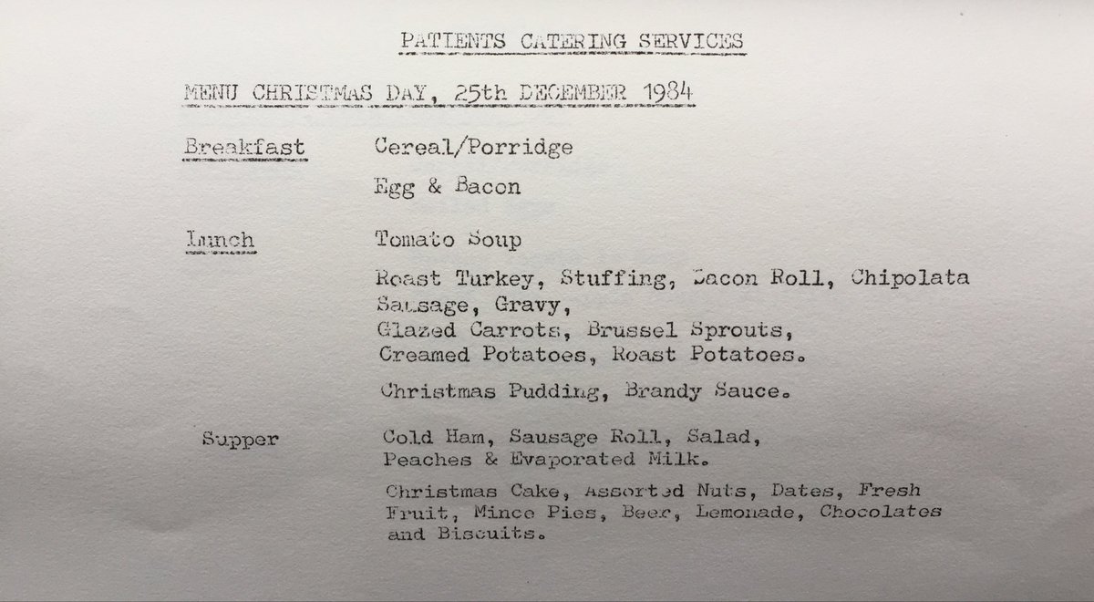 Day 1 of #ArchiveAdventCalendar is #FestiveFood 

Whitchurch Hospital had a wonderful Christmas lunch. Here is the vintage Christmas menu from 1984
Photo of the hospital canteen (?1980s)

#hospitalChristmas 
#Christmasmenu
#Roastturkey 
#brusselsprouts 
#whitchurchhospital