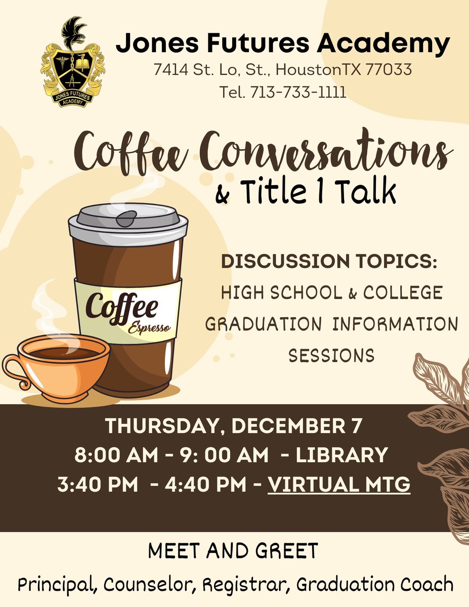 JonesFuturesHS's tweet photo. Les invitamos a la junta de Padres el jueves 7 de diciembre a las 8AM en la biblioteca de la escuela, o en linea a las 3:40PM usando el enlace: https://t.co/jEHbGSBOFR https://t.co/iiB9Q6Qczx
