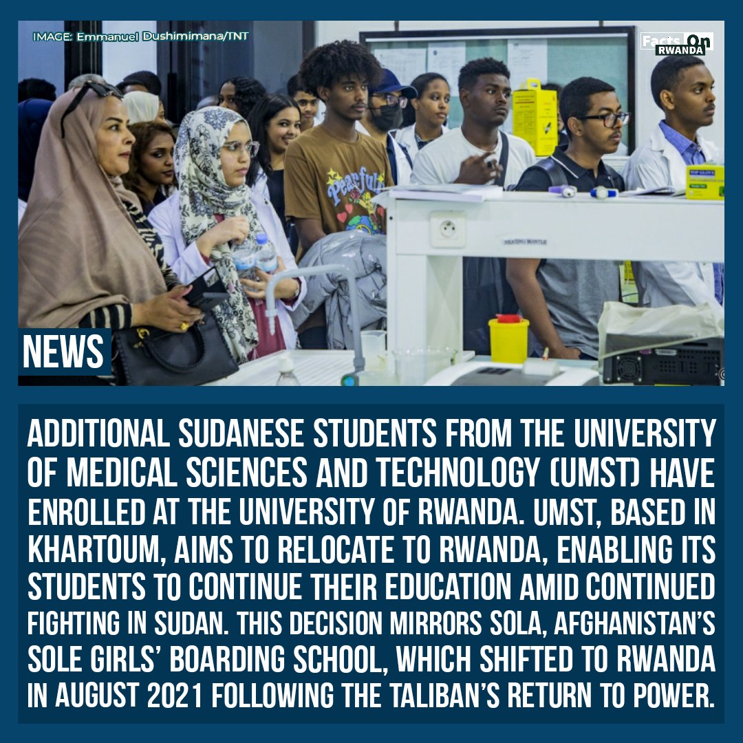FactsOnRwanda's tweet image. "I'm realizing a dream beginning medical studies in Rwanda." Omar Bashir Taha, one of the 200 students from University of Medical Sciences and Technologies (UMST) in Khartoum on resuming education in Rwanda.

READ:newtimes.co.rw/article/12718/…
📝TNT
#FactsOnRwanda #StudyInRwanda