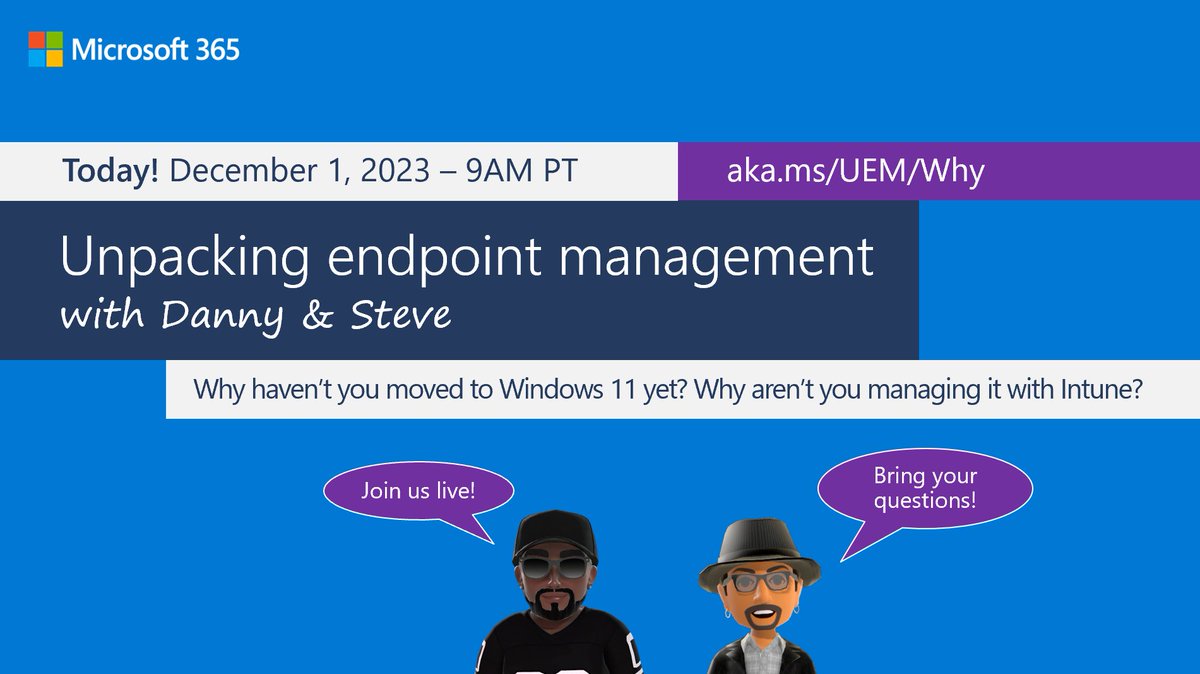 Windows IT Pro (@mswindowsitpro) on Twitter photo If your week left you feeling like "Why?!?!?" - join <a href="/SCCM_Avenger/">Danny Guillory Jr</a> and <a href="/madvirtualizer/">Steve Thomas - I'm at @stevethomas.bsky.social</a> as they take on your questions about why Windows 11 and cloud (or co-) management in Intune live with @DenMEMUG. Get your thoughts in early at aka.ms/UEM/Why.
#Windows11 #MSIntune If your week left you feeling like "Why?!?!?" - join <a href="/SCCM_Avenger/">Danny Guillory Jr</a> and <a href="/madvirtualizer/">Steve Thomas - I'm at @stevethomas.bsky.social</a> as they take on your questions about why Windows 11 and cloud (or co-) management in Intune live with @DenMEMUG. Get your thoughts in early at aka.ms/UEM/Why.
#Windows11 #MSIntune