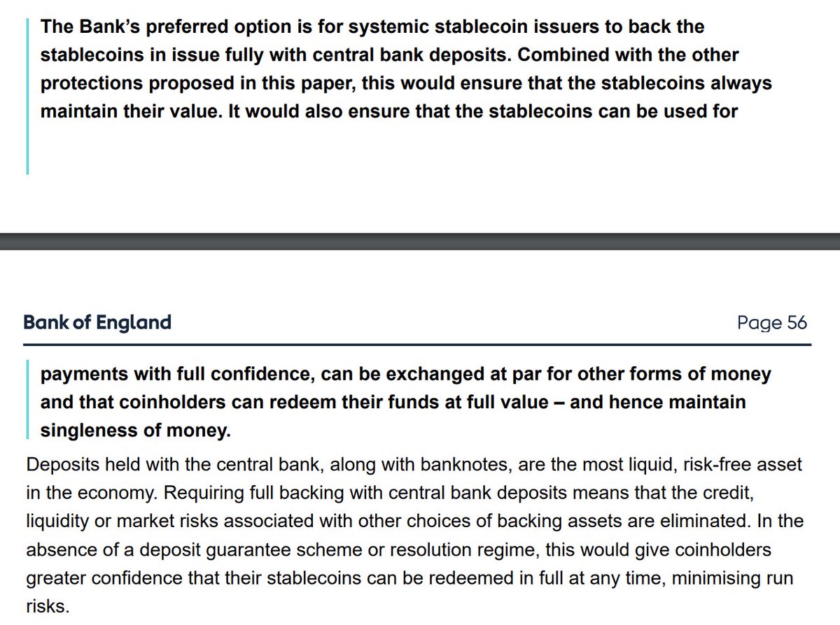 CaitlinLong_'s tweet photo. FASCINATING: the Bank of England proposes to *require* the very business model 👇 for #stablecoin issuers that the Fed called unsafe &amp; unsound in January. 

Source: https://t.co/UQVebTUKnu https://t.co/BzDNmA7ozR