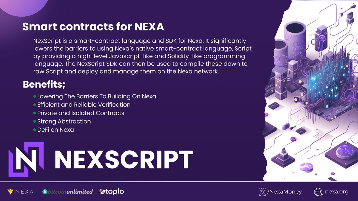 buywinrar's tweet photo. Nexa Smart Contracts
MAST are the first building block for what Paul’s #Otoplo calls: Mutliplex Contract Paths. MCPs allow MAST technology to be combined with advanced covenants so that multi-UTXO smart-contract architectures can be built from within a single #NexScript contract file. We call these advance contract architectures ‘Multiplex Contracts”.
The Multiplex architecture will allow developers to compress any level of smart contract complexity into a UTXO-based smart contract.
It enables features such as:
✅DAO’s in the most complex form,
✅DeFi as known from other chains like ETH or SOL,
✅Constant Product Market Makers (Also known as a DEX, for example, Uniswap),
✅Stablecoins through entities like MakerDAO and even algorithmic stablescoins are possible,
✅And much more.
🔸 $NEXA Launched by @BitcoinUnlimit ( $BCH )
https://t.co/Auq6bbJ1F2
https://t.co/cCblkZkrvs