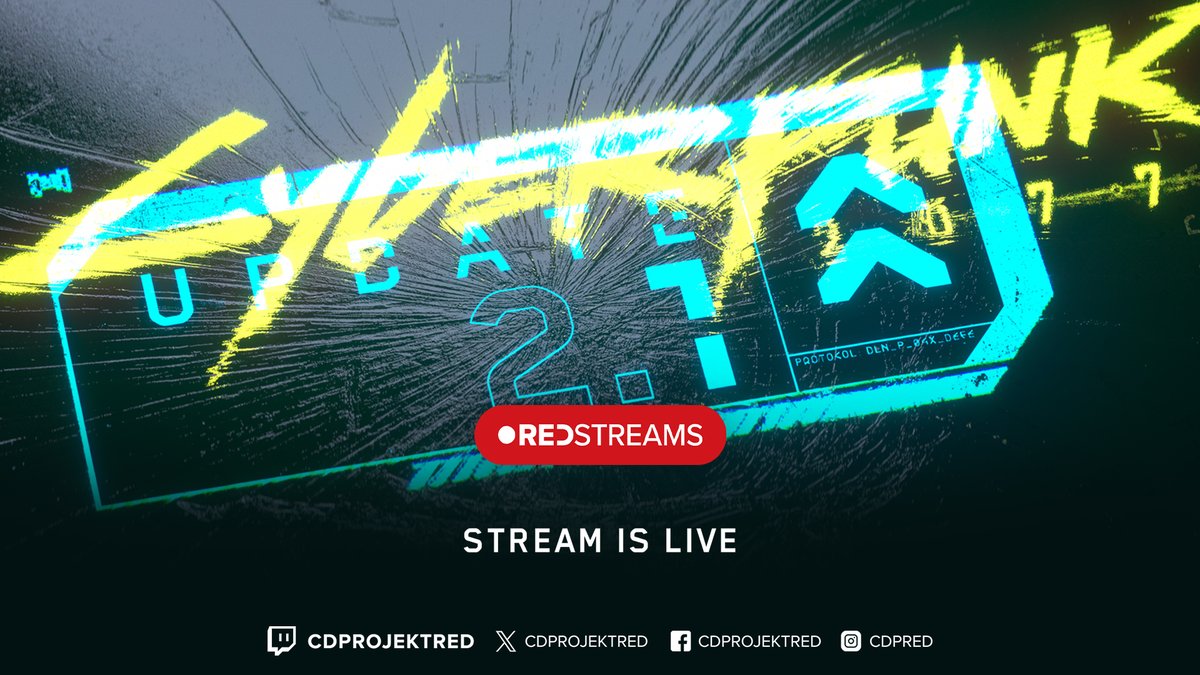 CyberpunkGame's tweet photo. 🚨 #REDstreams is live! 🚨

Watch now to be amongst the first people to find out what's in Update 2.1!

Live on Twitch 👉 https://t.co/y8iUIM0gBv https://t.co/M4dKi34gC7