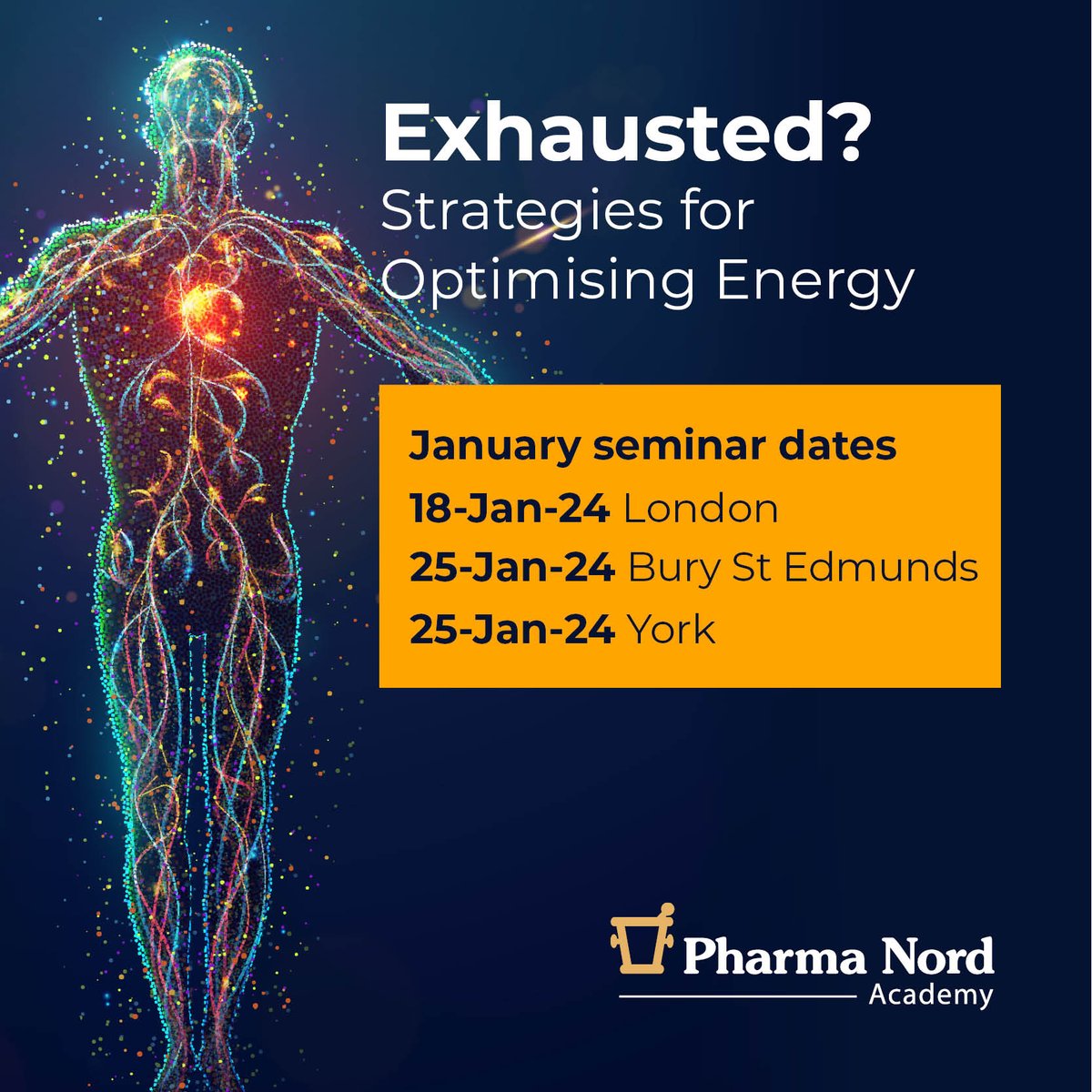 JANUARY 2024 DATES! 😴 Exhausted? Strategies for Optimising Energy🔋

To sign up to one of the first seminars in this series follow the link to our website below!👇

pharmanord.co.uk/events/exhaust…

#nutritionseminar #energy #practitioners #pharmanordacademy