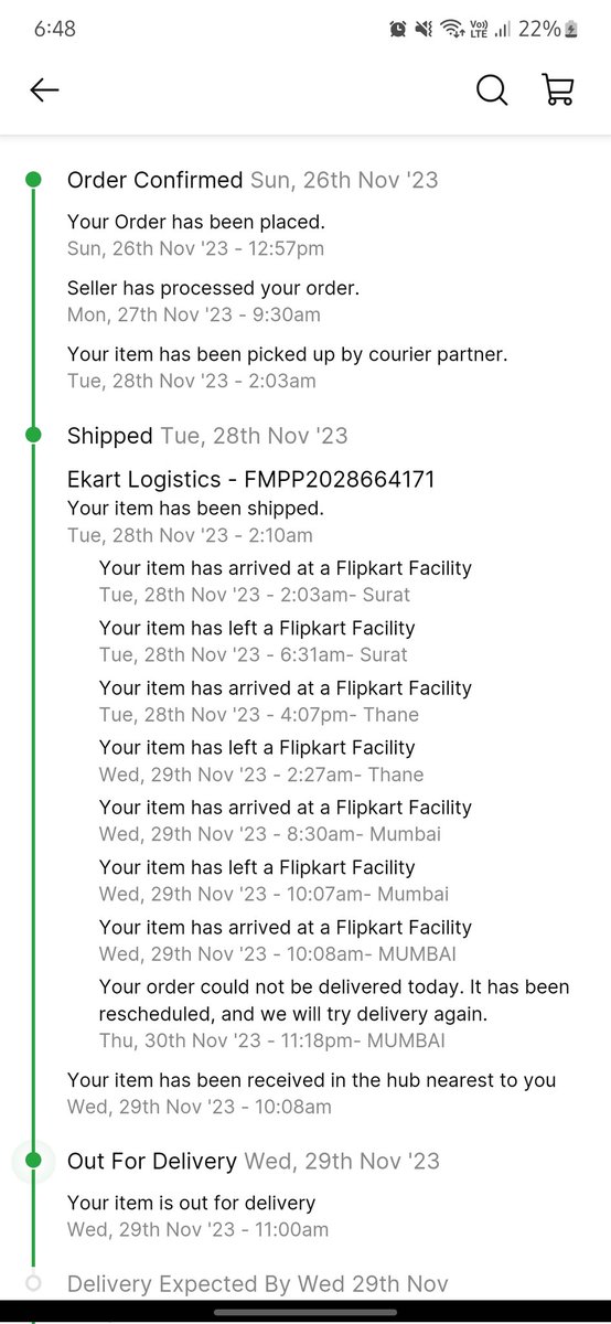 davechirag1992's tweet photo. @Flipkart @flipkartsupport  Very Very Very bad service of Flipkart I order a product on 26th Nov it has to deliver as per committed date on 29th Nov but not delivered, I called multiple times but not got any revert.
Its out for delivery from last 3 days.
Total time &amp; money waste https://t.co/tsc5wJqUty
