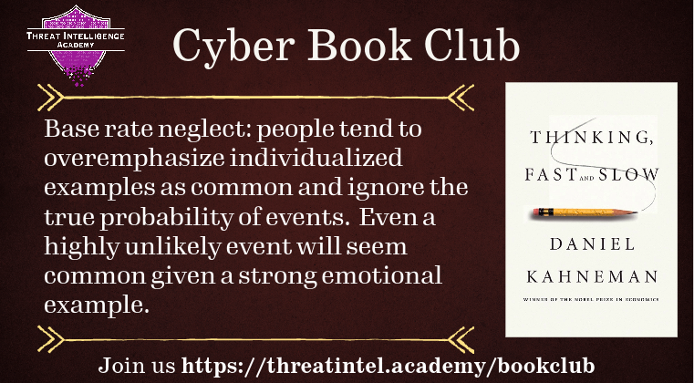 People tend to overemphasize the likelihood of individual events than the true probability of events in general. From "Thinking Fast and Slow" in the Cyber Book Club. Join the book club: hubs.ly/Q028KfBx0 #cybersecurity #infosec #bookclub #dailycti #informationsecurity