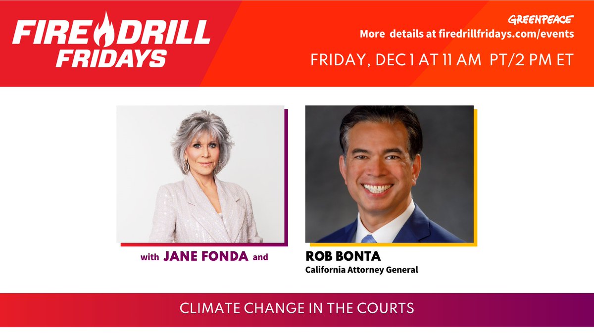 Fire Drill Fridays (@firedrillfriday) on Twitter photo Firefighters, we’re LIVE today, December 1 at 11am PT / 2pm ET with a discussion about our courts as a key battleground for climate justice and what we know about the landmark cases that may determine the future of our planet. ⚖️ Tune in on <a href="/greenpeaceusa/">Greenpeace USA</a>. <a href="/janefonda/">Jane Seymour Fonda</a> <a href="/agrobbonta/">Rob Bonta</a> Firefighters, we’re LIVE today, December 1 at 11am PT / 2pm ET with a discussion about our courts as a key battleground for climate justice and what we know about the landmark cases that may determine the future of our planet. ⚖️ Tune in on <a href="/greenpeaceusa/">Greenpeace USA</a>. <a href="/janefonda/">Jane Seymour Fonda</a> <a href="/agrobbonta/">Rob Bonta</a>