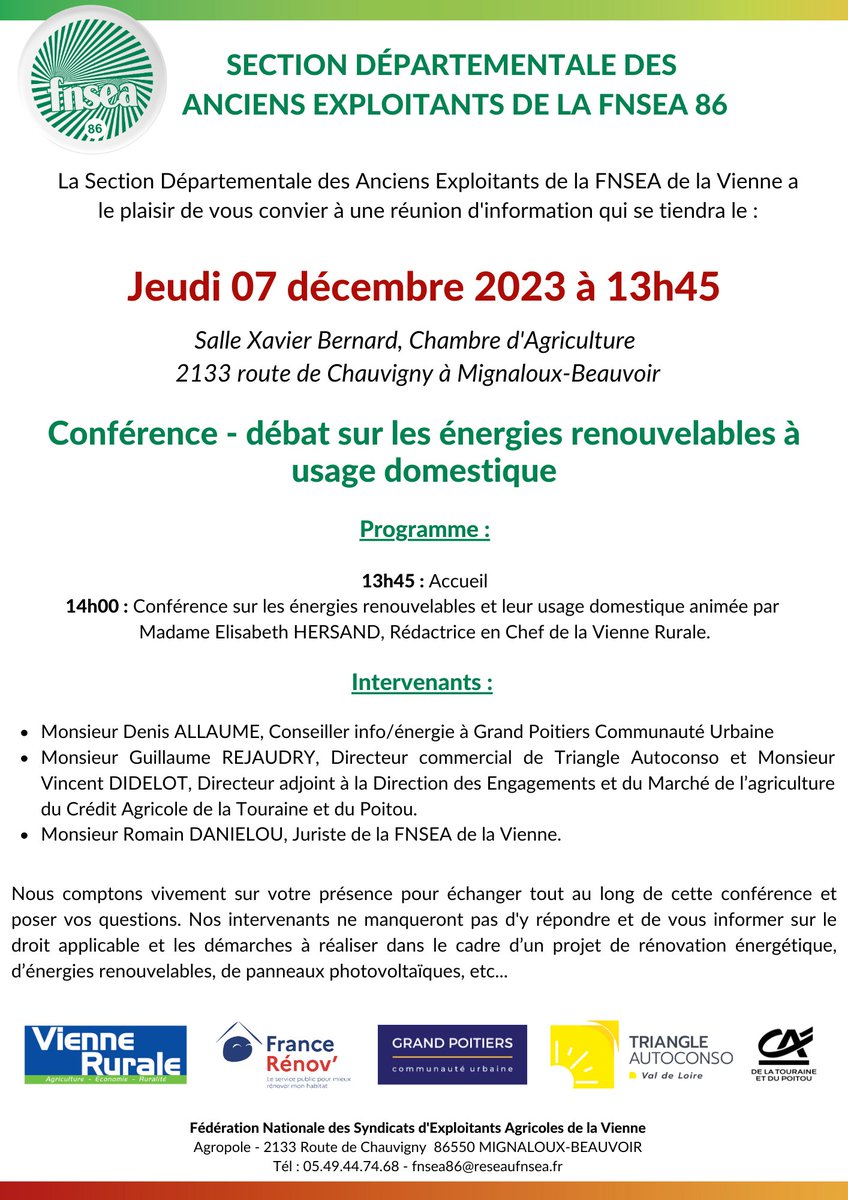 Nous vous invitons, le jeudi 07 décembre 2023, à la conférence organisée par la Section des Anciens Exploitants sur les énergies renouvelables à usage domestique ! Si le sujet vous intéresse, rendez-vous à partir de 13h45 salle Xavier Bernard à l'Agropole de MIGNALOUX-BEAUVOIR !