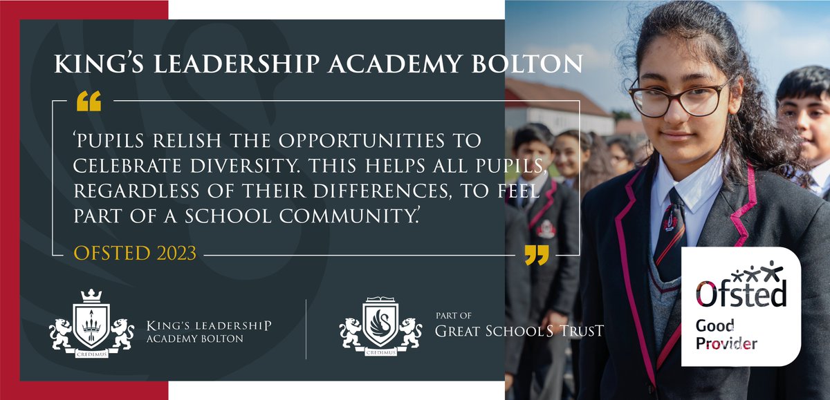 GSTSchools's tweet photo. King's Leadership Academy Bolton @Kings_Bolton, part of the Great Schools Trust, has achieved a 'Good' rating in its recent Ofsted inspection!

Read more here: https://t.co/KeVhKz01tI

#OfstedSuccess #GoodRating #EducationExcellence  #BoltonSuccess #WeAreKings #GST https://t.co/L5JdOFjDRy
