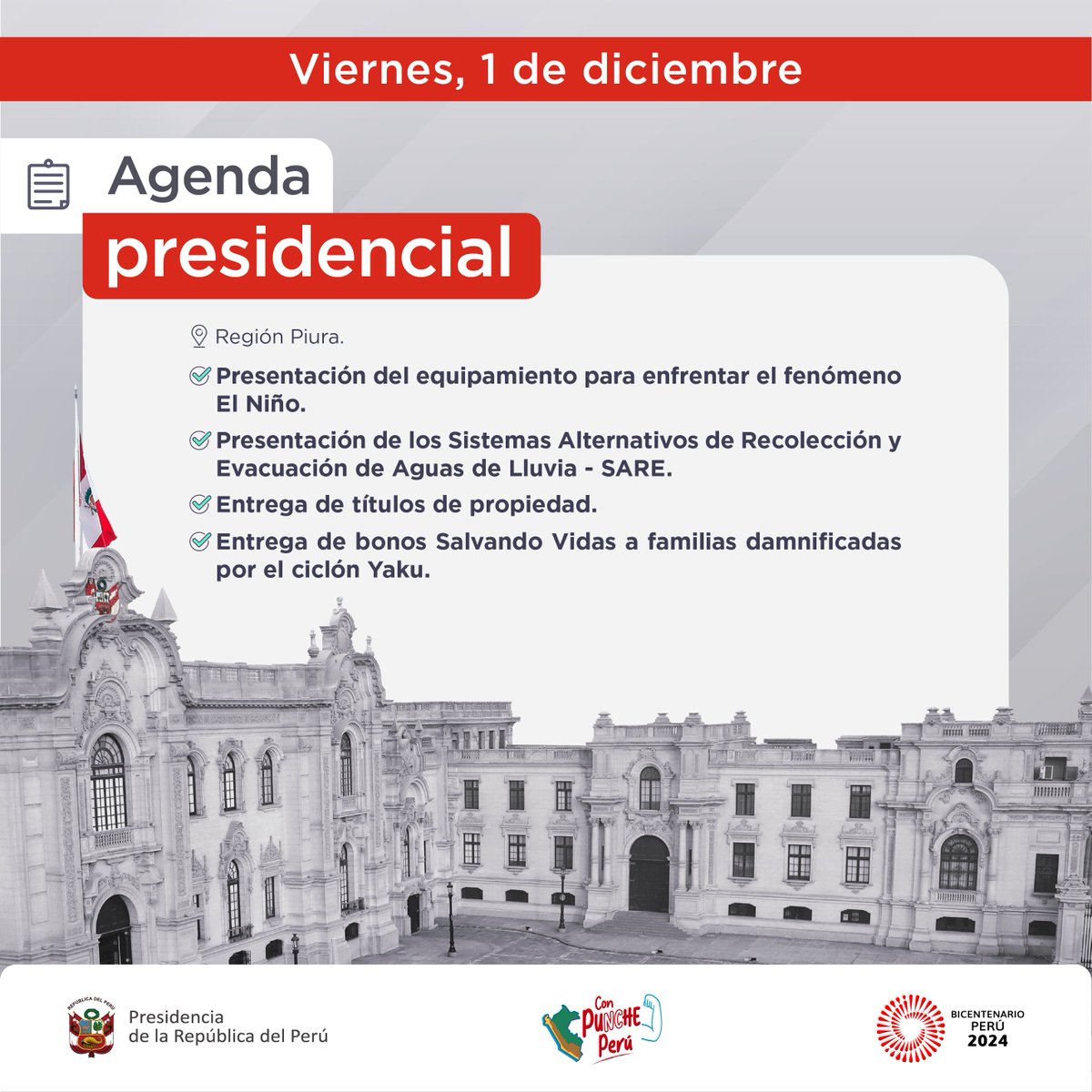 #AgendaPresidencial | Actividades oficiales de la presidenta Dina Ercilia Boluarte Zegarra en la región Piura. #BicentenarioPerú2024 🇵🇪