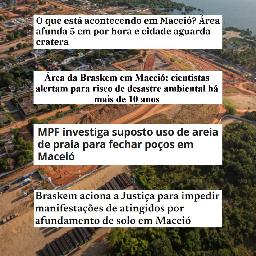 PRAS EMPRESAS, O LUCRO. AO POVO, OS REJEITOS

Em breve uma cratera se abrirá em Maceió e engolirá 5 bairros, em um processo que já deixou 55 mil pessoas sem casa.

Isso não é uma previsão mística. É da Defesa Civil com base nos dados da destruição causada pela Braskem ao minerar