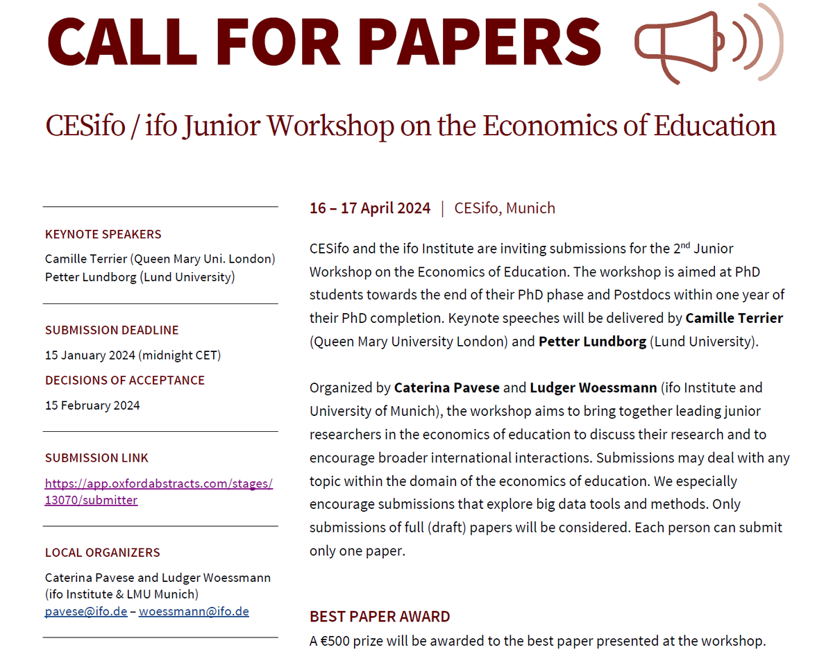 📢Call for papers: 2nd CESifo/ifo Junior Workshop on the Economics of Education🥳 16-17 April 2024, Munich Keynotes by @CamilleTerrier1 & @PetterLundborg PhD students & early postdocs, please apply! cesifo.org/en/event/2024-… Deadline: 15 Jan 2024 Co-organizer @CaterinaPavese1