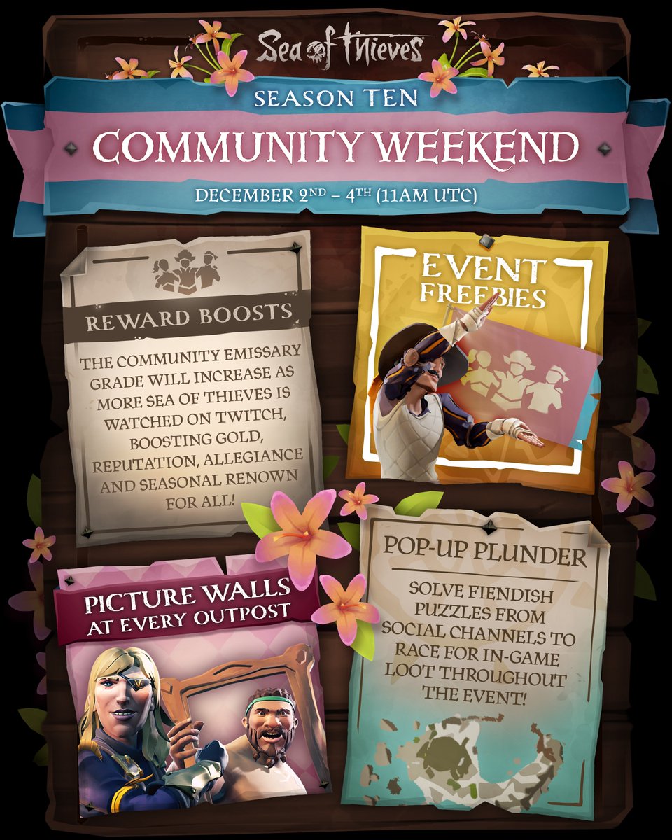 SeaOfThieves's tweet photo. 🩷 Sea of Thieves Community Weekend begins tomorrow! 🩵

From December 2nd−4th (11am UTC) enjoy login bonuses, viewer-powered multipliers, an exclusive Title to earn, plenty of Pop-Up Plunder, Twitch Drops and more! Enjoy yourselves, pirates... https://t.co/y5xmqwn6Px