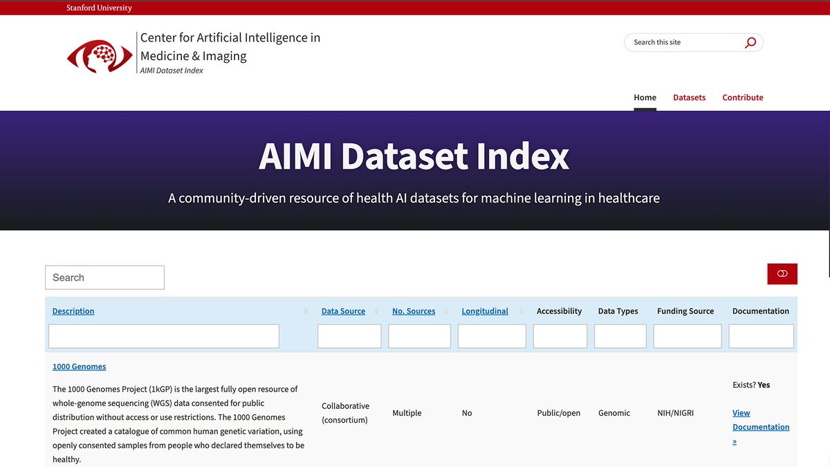🚀 Introducing the Stanford AIMI Dataset Index – a diverse inventory of AI-ready datasets for machine learning in healthcare! We hope this resource will help democratize access to health data for AI development. Explore & contribute here: bit.ly/3RmEGFL #AIMIDatasetIndex