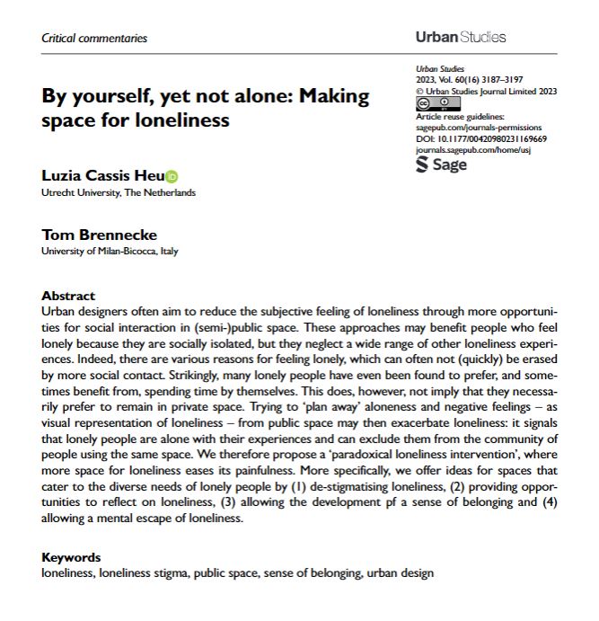 USJ_online's tweet image. By yourself, yet not alone: Making space for loneliness #CriticalCommentary by @luzia_heu and Tom Brennecke
ow.ly/ms4P50QeluT
#OpenAccess #loneliness #UrbanDesign #PublicSpace