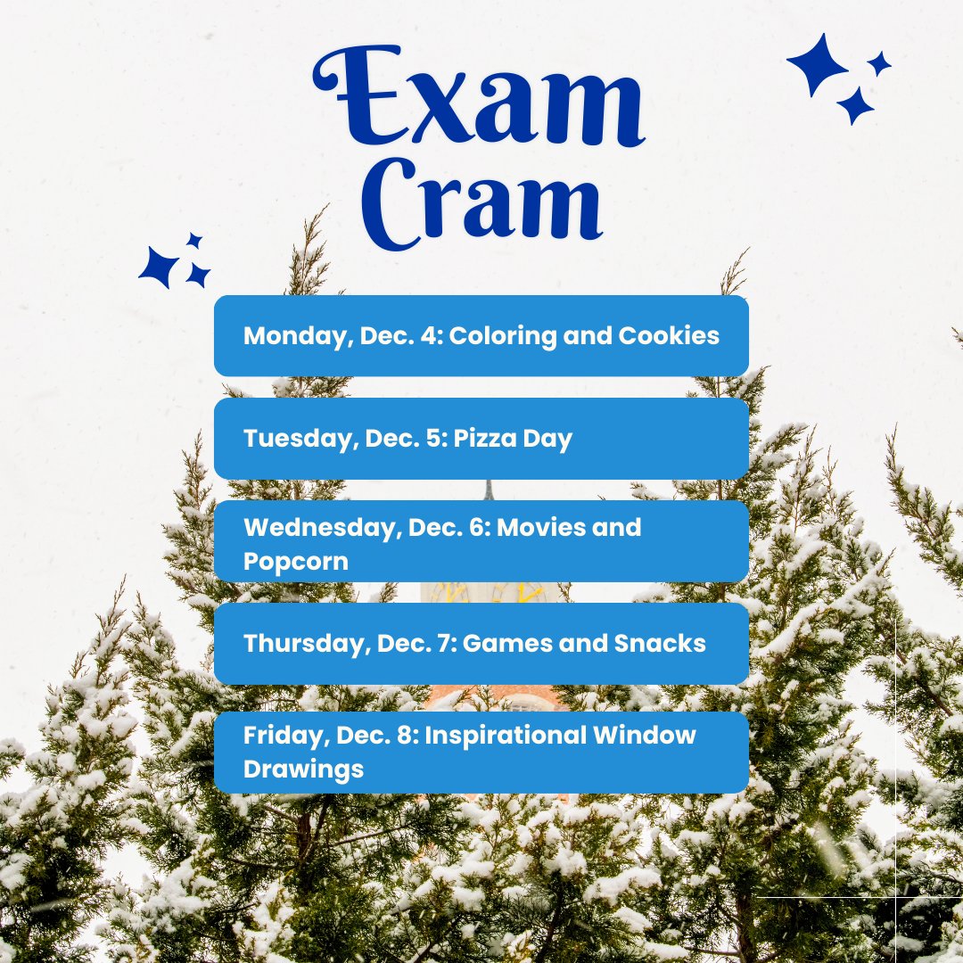 gvsucomputing's tweet image. The Office of Multicultural Affairs will host Exam Cram events starting next week!  These activities begin at 10 am in the Kirkhof Center. Making studying fun can help drive success! Good luck Lakers 💙 #gvsu #pcec