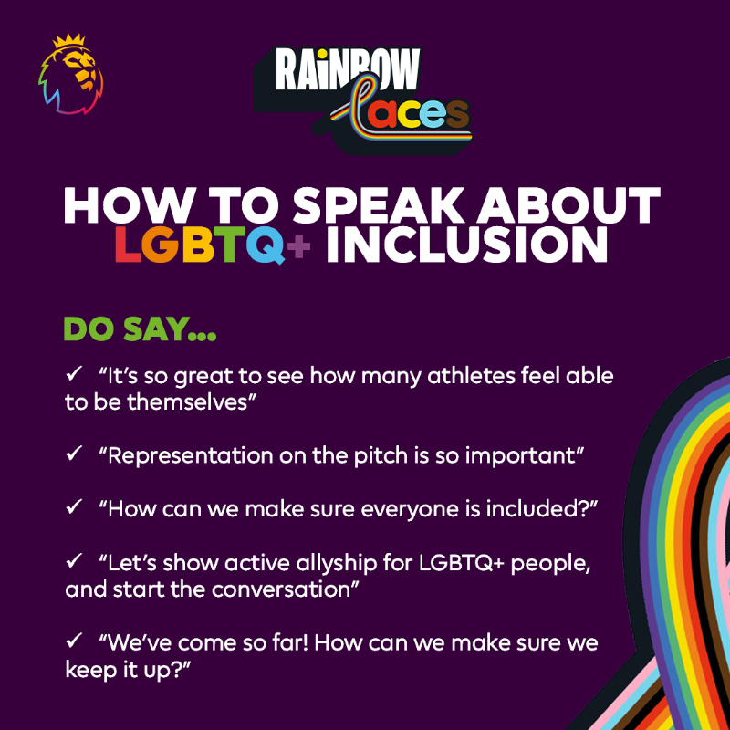 premierleague's tweet photo. How we speak about LGBTQ+ inclusion is incredibly important 🏳️‍🌈

You can be an active ally and make everyone feel comfortable being themselves ❤️

#RainbowLaces