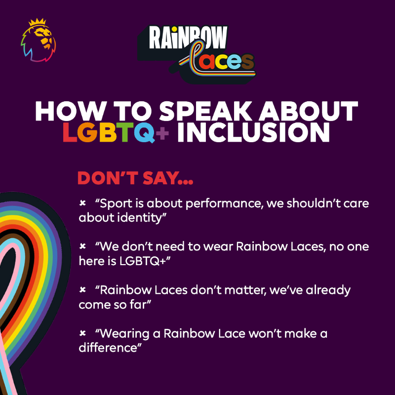 premierleague's tweet photo. How we speak about LGBTQ+ inclusion is incredibly important 🏳️‍🌈

You can be an active ally and make everyone feel comfortable being themselves ❤️

#RainbowLaces