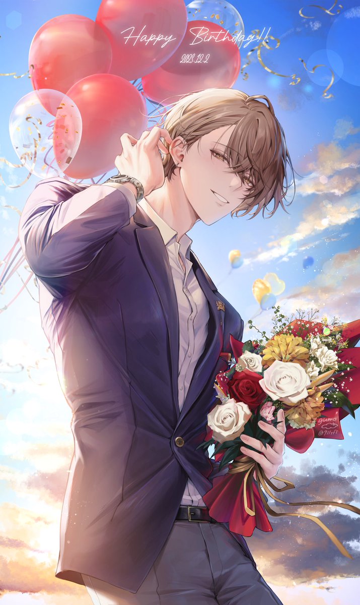 balloon 1boy male focus bouquet holding bouquet solo holding  illustration images