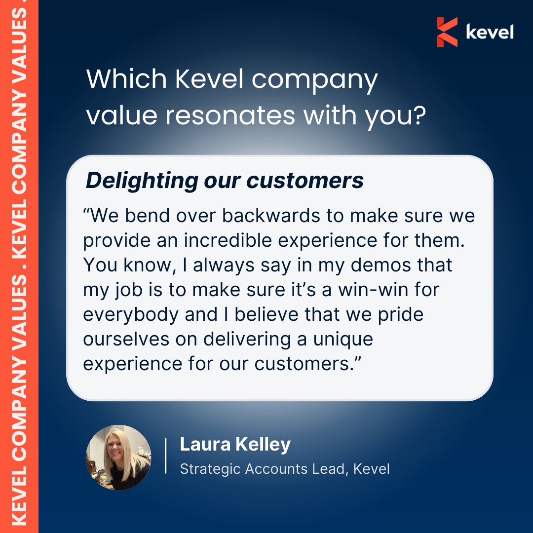 ⭐ At Kevel we are proud to hold a set of company values that reflect who we are and who we aspire to be as a company.

What's the core value that drives your professional journey?

#companyvalues #companyculture #workinadtech #corevalues #teamwork