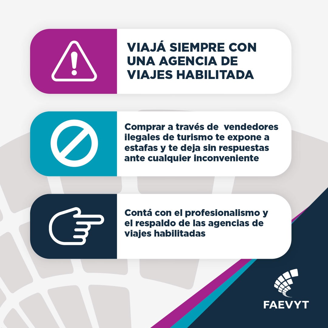FAEVYT's tweet photo. ⚠️ Viajá siempre con una agencia de viajes habilitada

👉 Comprar a través de  vendedores ilegales de turismo te expone a estafas y te deja sin respuestas ante cualquier inconveniente 

🔍  Encontrá el buscador de agencias habilitadas en https://t.co/Ks4DAmq0lA 

#SomosFAEVYT https://t.co/5UYk3ma8Pg