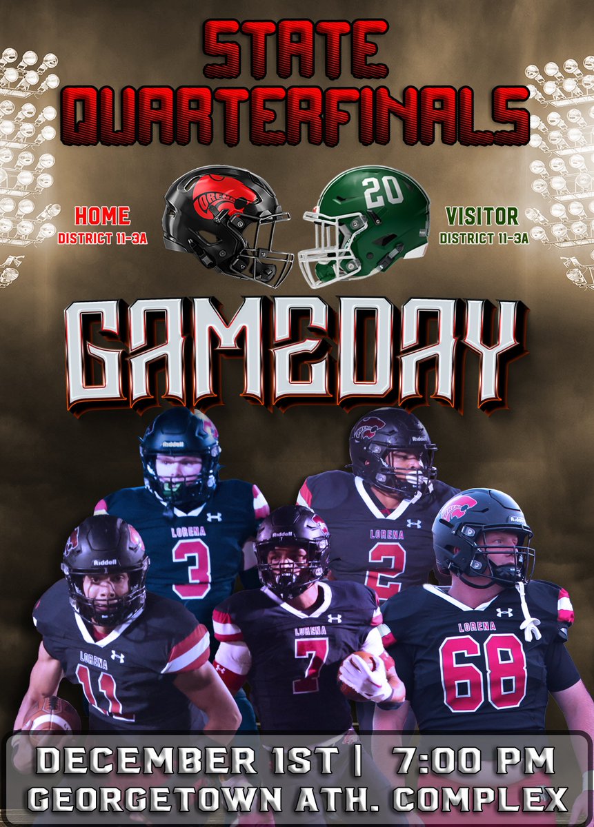LorenaFootball's tweet image. 🚨Regional Championship - Elite 8 🚨

🆚 Franklin Lions
📆 Friday 12/1 
⏰ 7:00pm
🏟 Georgetown Athletic Complex
📍 2275 N. Austin Ave.
🎫 georgetownisd.org/Page/23590
📔 qrco.de/bebD97

#weareone 
@Athletics_LISD | @LHS_Leopards | @LorenaISD
