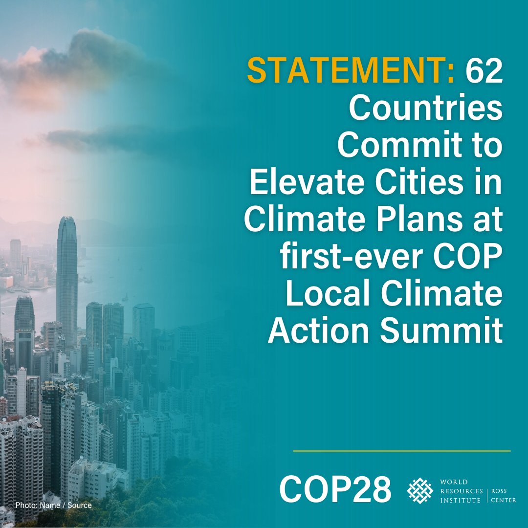 A historic moment at #COP28: 62 countries unite in the #CHAMP initiative to prioritize #cities in climate plans - a pivotal shift towards collaborative climate action, integrating national, regional and local efforts. Read the full statement: bit.ly/3sXIuUA