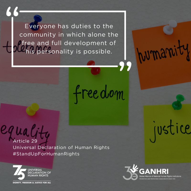 Ganhri1's tweet photo. Article 29 of #UDHR75 acknowledges our responsibility towards other individuals and emphasises the importance of safeguarding their rights and freedoms.
#PartnersForGood #HumanRights75 https://t.co/tzkoiiy9XK