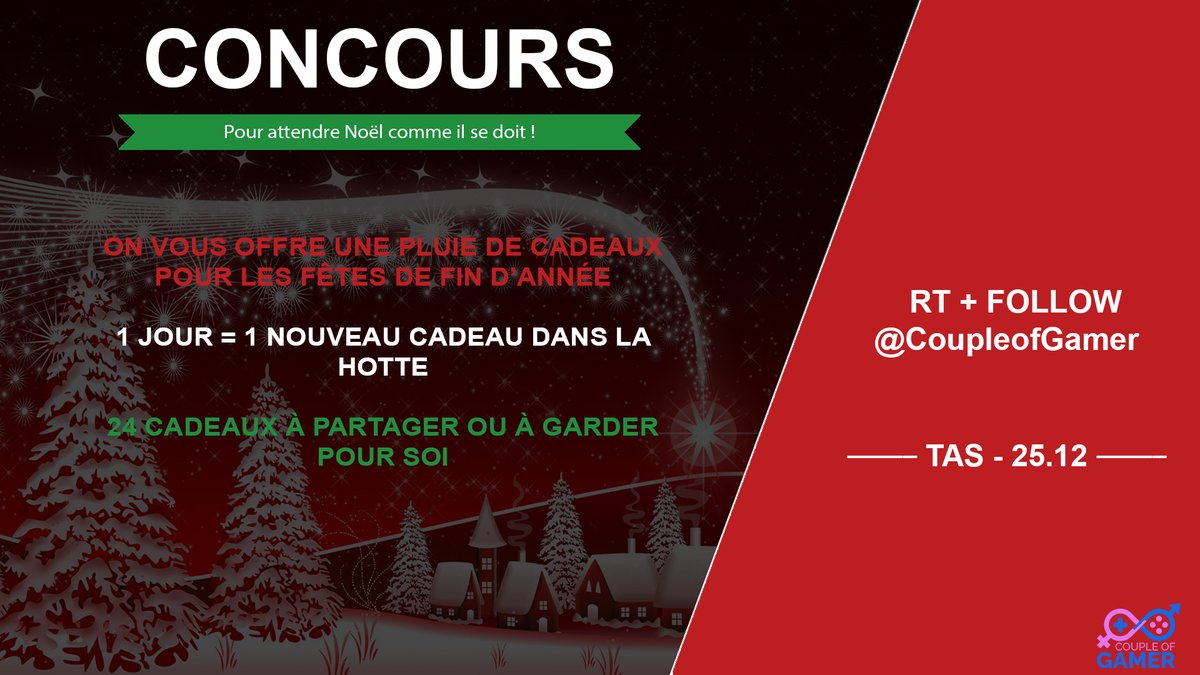 CoupleOfGamer's tweet image. #Concours 

🎄Calendrier de l’Avent🎄

Tentez de remporter 24 cadeaux (1 cadeau par jour) tout au long de ce mois de décembre 

Pour participer
RT ce Tweet + Follow
@CoupleOfGamer

TAS - Le 25/12

🎅Le Gagnant remportera les 24 cadeaux à partager ou à garder pour lui tout seul🎅
