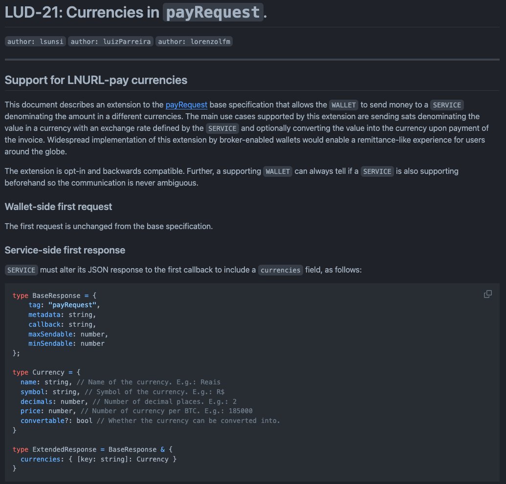 We have been working on a LNURL specification that will allow anyone in the world to send any currency through Lightning/LNURL.

We created an early version of this over a year ago, and since then, other people have also had similar ideas and started working on it. (links below)