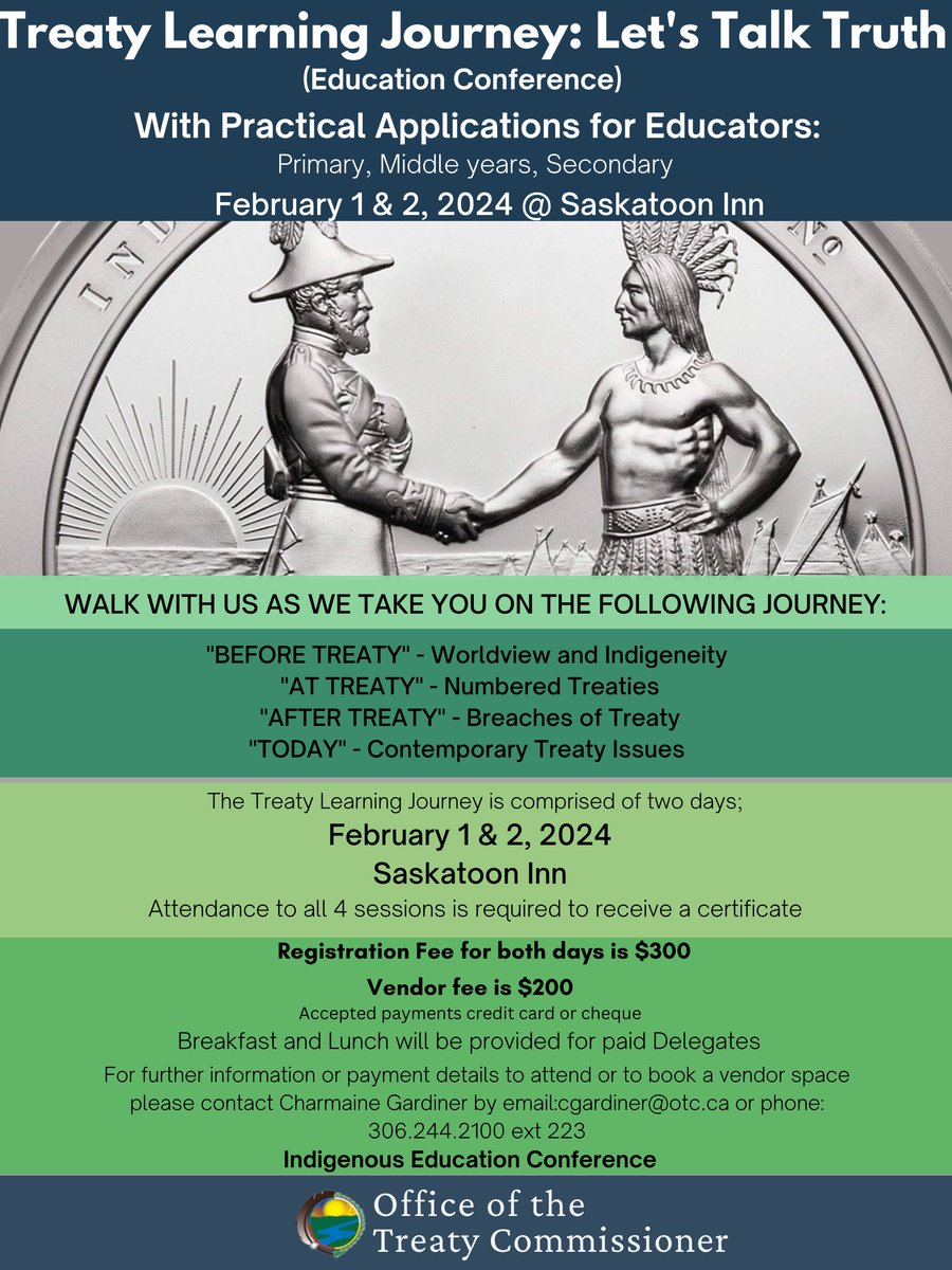 The Office of the Treaty Commissioner is excited to be hosting a two-day workshop for educators across the Treaty territories. The Treaty Learning Journey: Let's Talk Truth is being offered with a focus on primary, middle, and secondary educators 
otc.ca/attend_an_even…