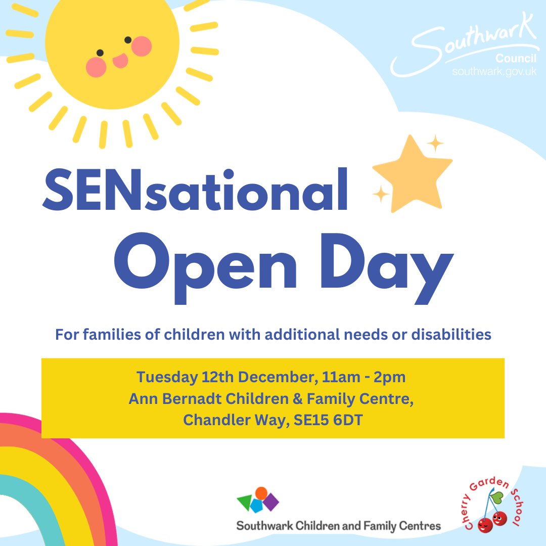 lb_southwark's tweet photo. Have you got a child 0-11 with SEND? Come along to the SENsational Open Day on 12 December to find out more about play sessions available across the borough. Meet the team, check out the resources and pick up your FREE goodie bag https://t.co/Y0wTje2RPl https://t.co/CCqFPIa4mF