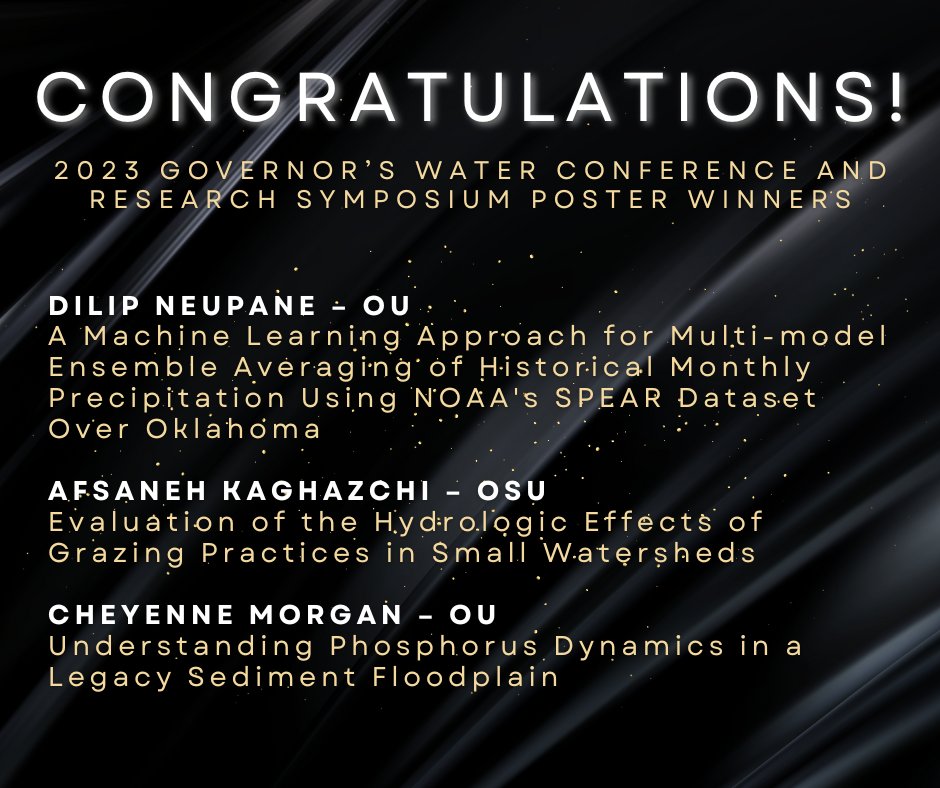 Oklahoma Water Resources Center (@okstatewater) on Twitter photo Congratulations to the Poster Winners from the 2023 Oklahoma Governor's Water Conference and Research Symposium!
💧 Dilip Neupane
💧 Afsaneh Kaghazchi
💧 Cheyenne Morgan
We appreciate your hard work in water research and wish you luck in your future research!
<a href="/OKWaterBoard/">Oklahoma Water Resources Board</a> Congratulations to the Poster Winners from the 2023 Oklahoma Governor's Water Conference and Research Symposium!
💧 Dilip Neupane
💧 Afsaneh Kaghazchi
💧 Cheyenne Morgan
We appreciate your hard work in water research and wish you luck in your future research!
<a href="/OKWaterBoard/">Oklahoma Water Resources Board</a>