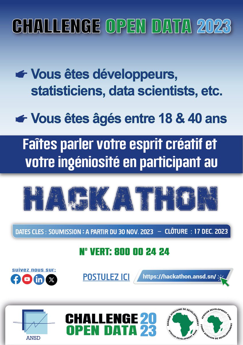statsenegal's tweet photo. Vous êtes développeurs, statisticiens, Data scientists,... Participez au #hackathon organisé dans le cadre du #ChallengeOpenData.
Pour vous inscrire cliquez sur ce lien👉🏿 https://t.co/RBiijVZ8r2.
Plus d'informations au 800 00 24 24.
#kebetu #compublique #data https://t.co/4UXPbnbgGX