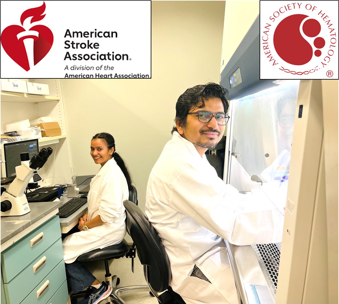 Proud PI moment:👏🙏 @NileshP50946540 received an Abstract Achievement Award from @ASH_hematology and will be presenting in #ash2023 @Harpreet7495 received a Junior Investigator Award from @StrokeAHA_ASA and will present her data in #ISC2024 @LSUHS @lsuhs_pathphd