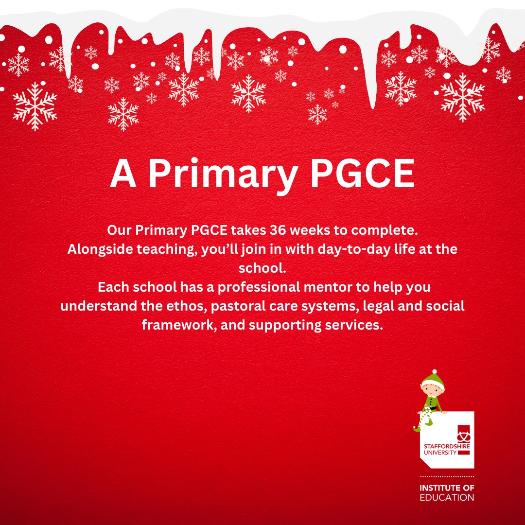 UniofStaffsIOE's tweet photo. Spotlight on our amazing PGCE courses for the #12daysofchristmas from the IOE 🎄 
Take a look: https://t.co/oQ5qS5RRJb

#PGCE #Postgraduatestudies #IOEStaffs #WhereYouMatter #Traintoteach #christmas #Getintoteaching @staffsuni #University #UKUniversity #Teaching #PrimaryTeacher https://t.co/o1vXiwo3FM