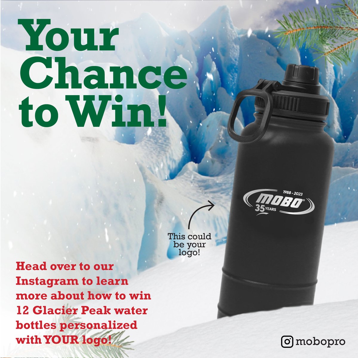 CONTEST ALERT 📣!
Head over to our Instagram (mobopro) to learn more about how to win 12 Glacier Peak water bottles personalized with YOUR logo! This prize is valued at over $500, and it could be yours!