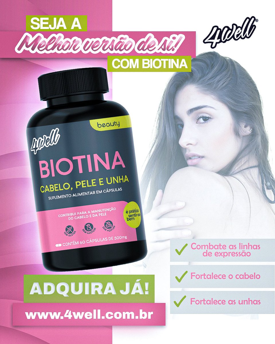 4well_brasil's tweet photo. Brilhe de dentro para fora! ✨ Nossa Biotina está pronta para fortalecer cabelos, pele e unhas. Faça seu pedido agora e ilumine sua beleza natural!

#suplementos #fitness #nutricao #academia #saudeebemestar #biotina https://t.co/2q8AKSdTDp