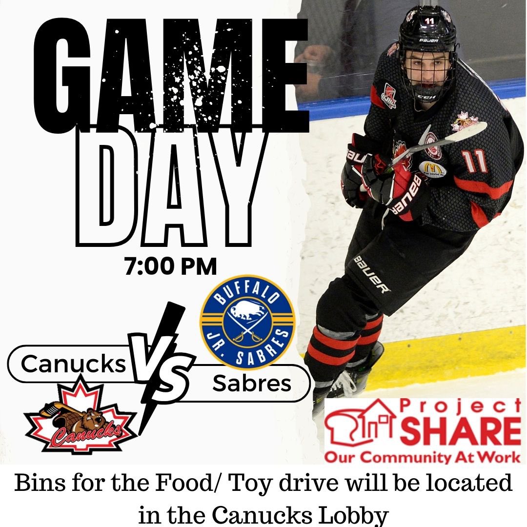 NF_Canucks's tweet image. Game Day!! 
@JrSabresOJHL are in town!
Puck drops 7pm

Don’t forget your  @ProjectSHARE_NF donations
We are collecting non-perishable food and unwrapped toys. 

📸: OJHL Images
#letsgocanucks #OJHL #OurCommunityAtWork