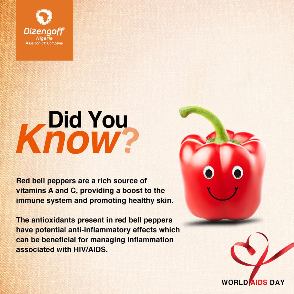 Red bell peppers are a rich source of vitamins A and C, providing a boost to the immune system and promoting healthy skin. 

The antioxidants present in red bell peppers have potential anti-inflammatory effects which can be beneficial for managing inflammation.

#WorldAIDSDay
