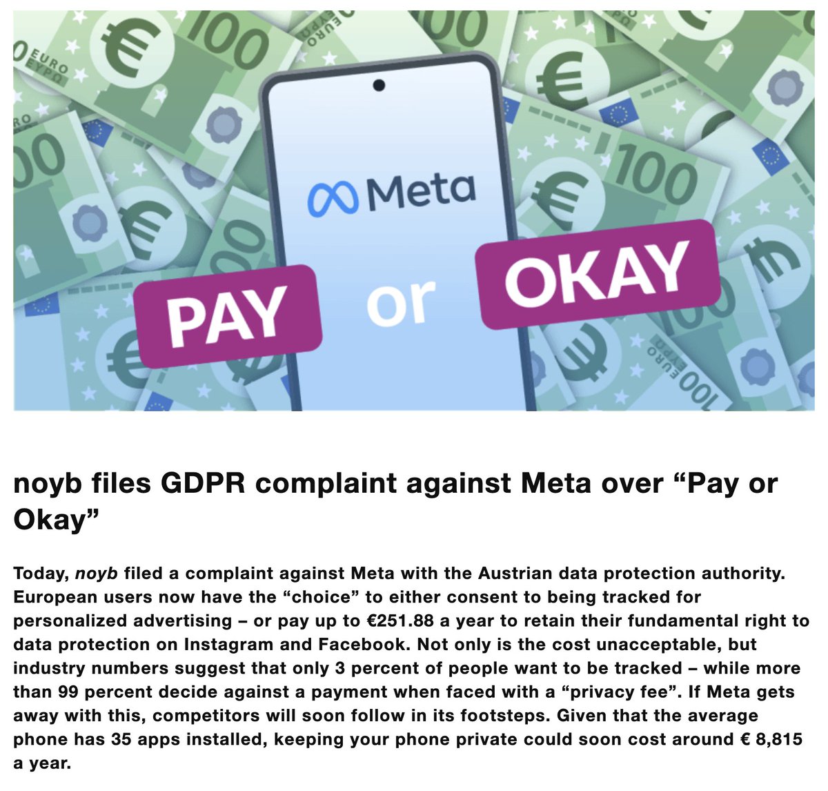 🚨BREAKING: the "pay or consent" legal battle has begun, as <a href="/beuc/">The Consumer Voice</a> and <a href="/NOYBeu/">noyb</a> filed complaints against <a href="/Meta/">Meta</a> for asking people to pay €12.99/month to avoid being targeted by personalized advertising.

A major topic for privacy pros, details below: