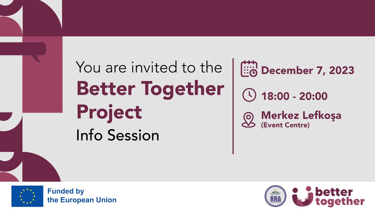 mhdkibris's tweet photo. 🟣 Info Session of Better Together Project 🟣 
You are cordially invited to the Info Session of Better Together project, which is funded under the European Union's Civil Society in Action VII Grant Program and implemented by the Refugee Rights Association. https://t.co/Fas1sfJ2Ed
