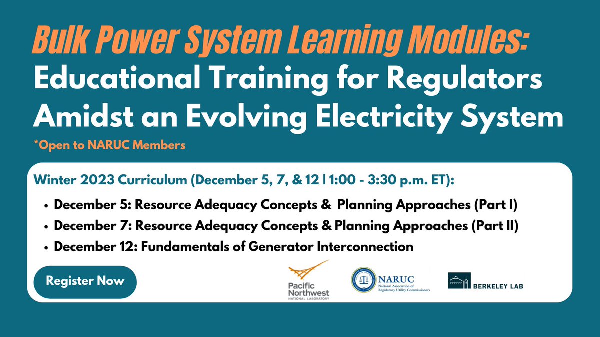 NARUC's tweet image. NARUC members – want to learn more about the latest developments in #ResourceAdequacy approaches and #GeneratorInterconnection processes? Register now to attend our upcoming #BulkPowerSystem virtual training series! 📝
Registration: bit.ly/BPSWinter2023.