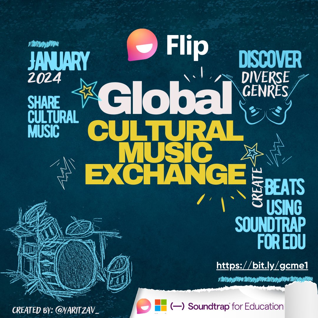 👋🏾#Edus We are offering a Global Cultural Music Exchange in January 2024 Tools 🎼 @MicrosoftFlip, @soundtrap, @Microsoft #ImmersiveReader. 🎹This FREE experience is open to ALL schools and classes around the world. Registration Links🔗 bit.ly/gcme1 @SerenaFRDewey