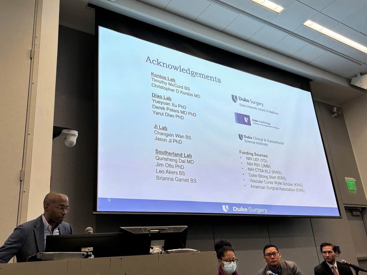 SeanM_Wu's tweet photo. Dr Kevin Southerland @DukeMedSchool discusses role of sfrp1 in adipogenic vcam1+ FAP in chronic limb ischemia @stanford-Duke-Penn-Cornell CV Symposium. @StanfordCVI @Joseph_C_Wu @StanfordVasc https://t.co/It6ZcAsFYC