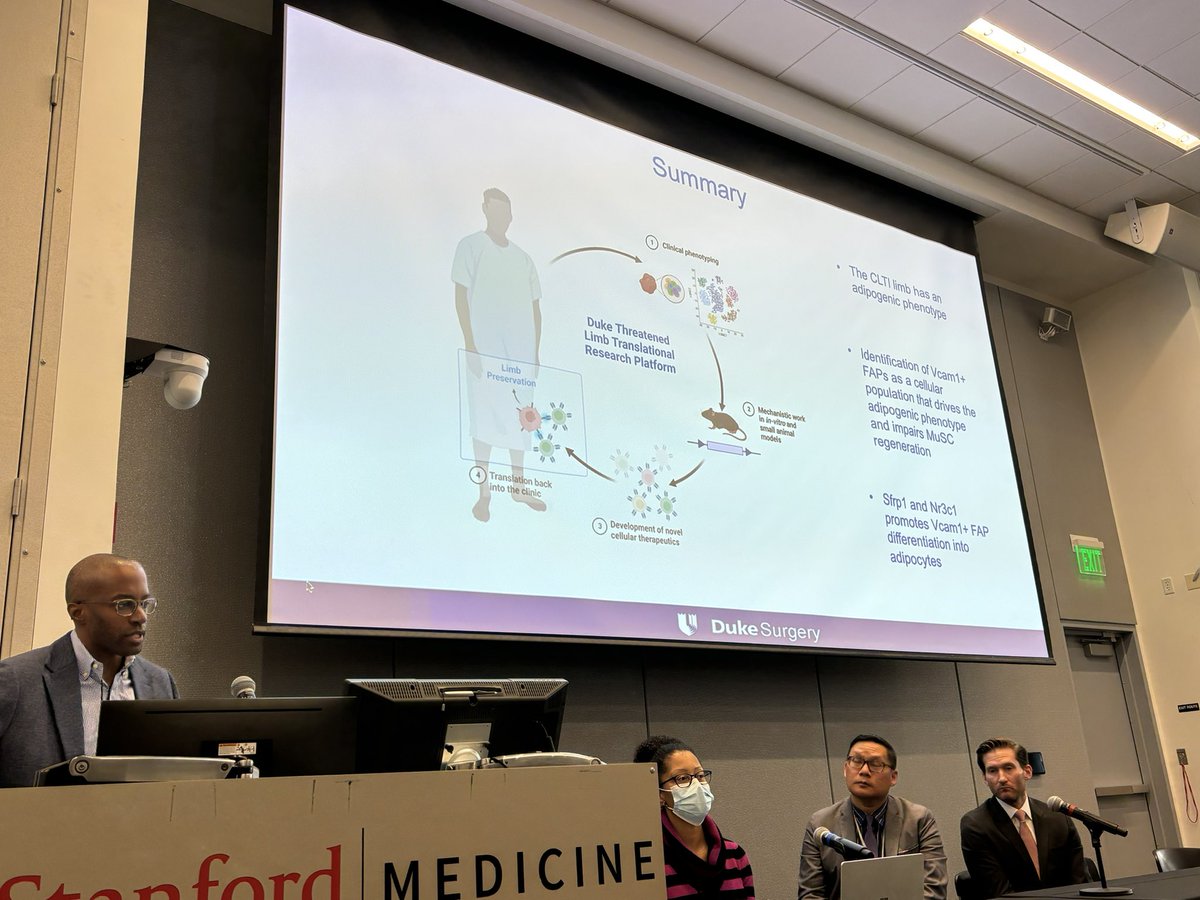 SeanM_Wu's tweet photo. Dr Kevin Southerland @DukeMedSchool discusses role of sfrp1 in adipogenic vcam1+ FAP in chronic limb ischemia @stanford-Duke-Penn-Cornell CV Symposium. @StanfordCVI @Joseph_C_Wu @StanfordVasc https://t.co/It6ZcAsFYC