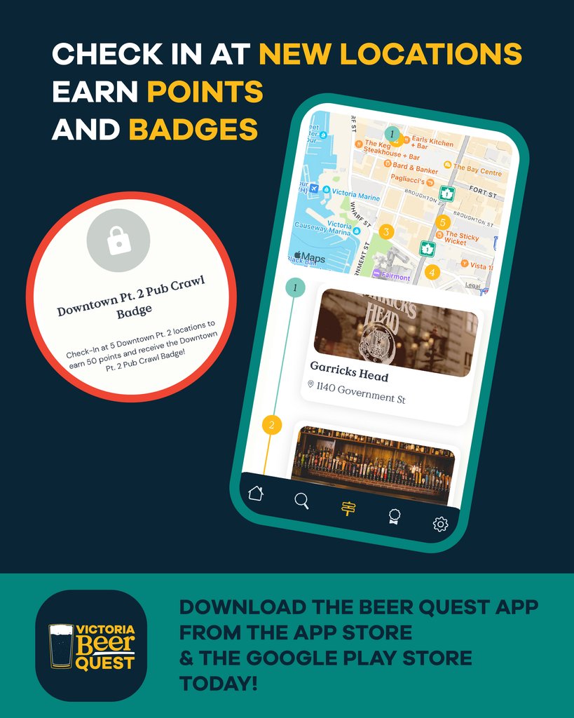 🍺 Check out the brand new Downtown Pt. 2 Pub Crawl on the Beer Quest App! 🤫This weekend only, earn DOUBLE the points! 👉️ Download Beer Quest from the App Store and Google Play Store: qr.link/HiPMS7 #VBS #VicBeerSociety #craftbeer #victoriabc #BeerQuest