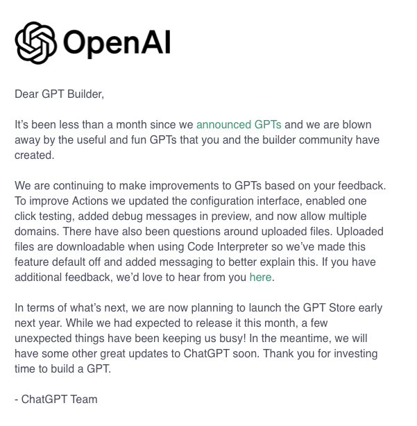 AITrainingInst's tweet photo. Update zu den GPTs!🚀 Der Store kommt doch erst nächstes Jahr, aber inzwischen werden die Funktionen der GPTs weiter verbessert. #AI #OpenAI #ChatGPT https://t.co/aLWnN1IMD4